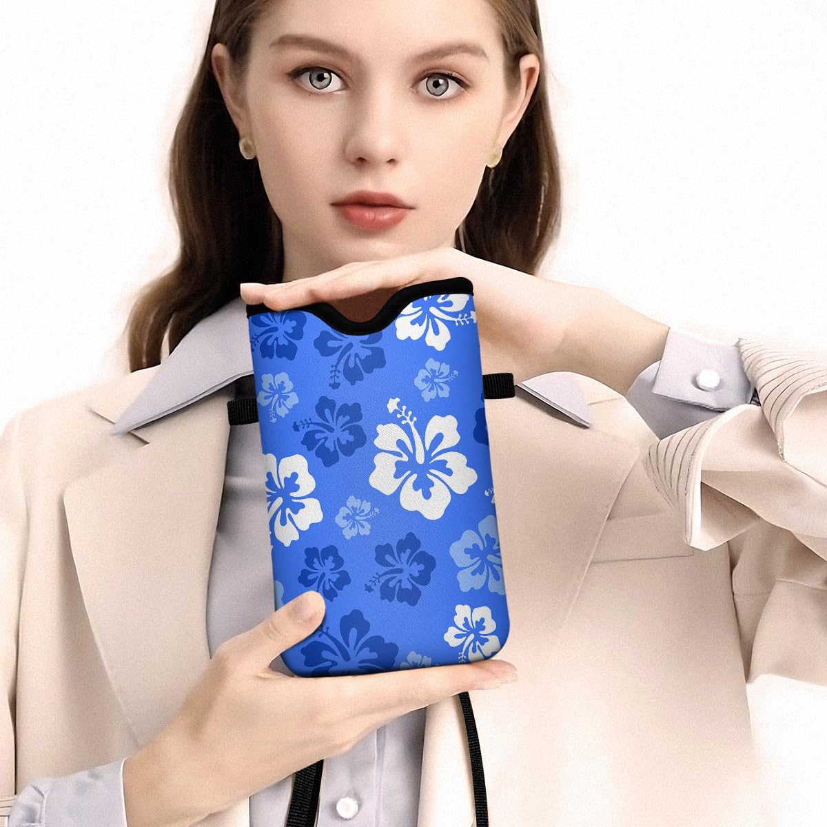 Universal Phone Sleeve Pouch with Crossbody Strap 7.6 X 4.3 Inches Shockproof Water Resistant Mobile Protection Bag-Black Cat Floral Neoprene Phone Pouch Bag