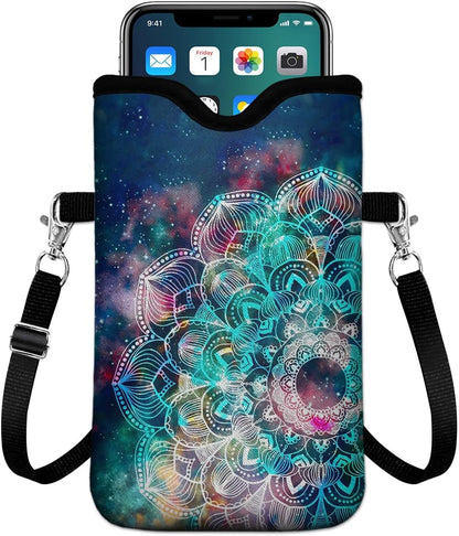 Universal Phone Sleeve Pouch with Crossbody Strap 7.6 X 4.3 Inches Shockproof Water Resistant Mobile Protection Bag-Black Cat Floral Neoprene Phone Pouch Bag