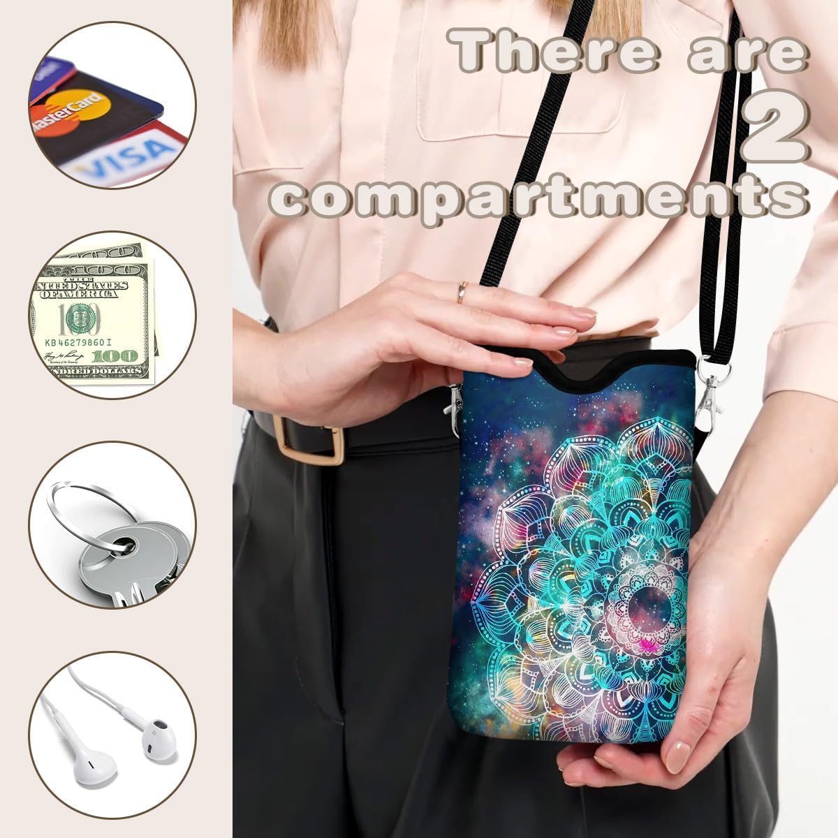 Universal Phone Sleeve Pouch with Crossbody Strap 7.6 X 4.3 Inches Shockproof Water Resistant Mobile Protection Bag-Black Cat Floral Neoprene Phone Pouch Bag