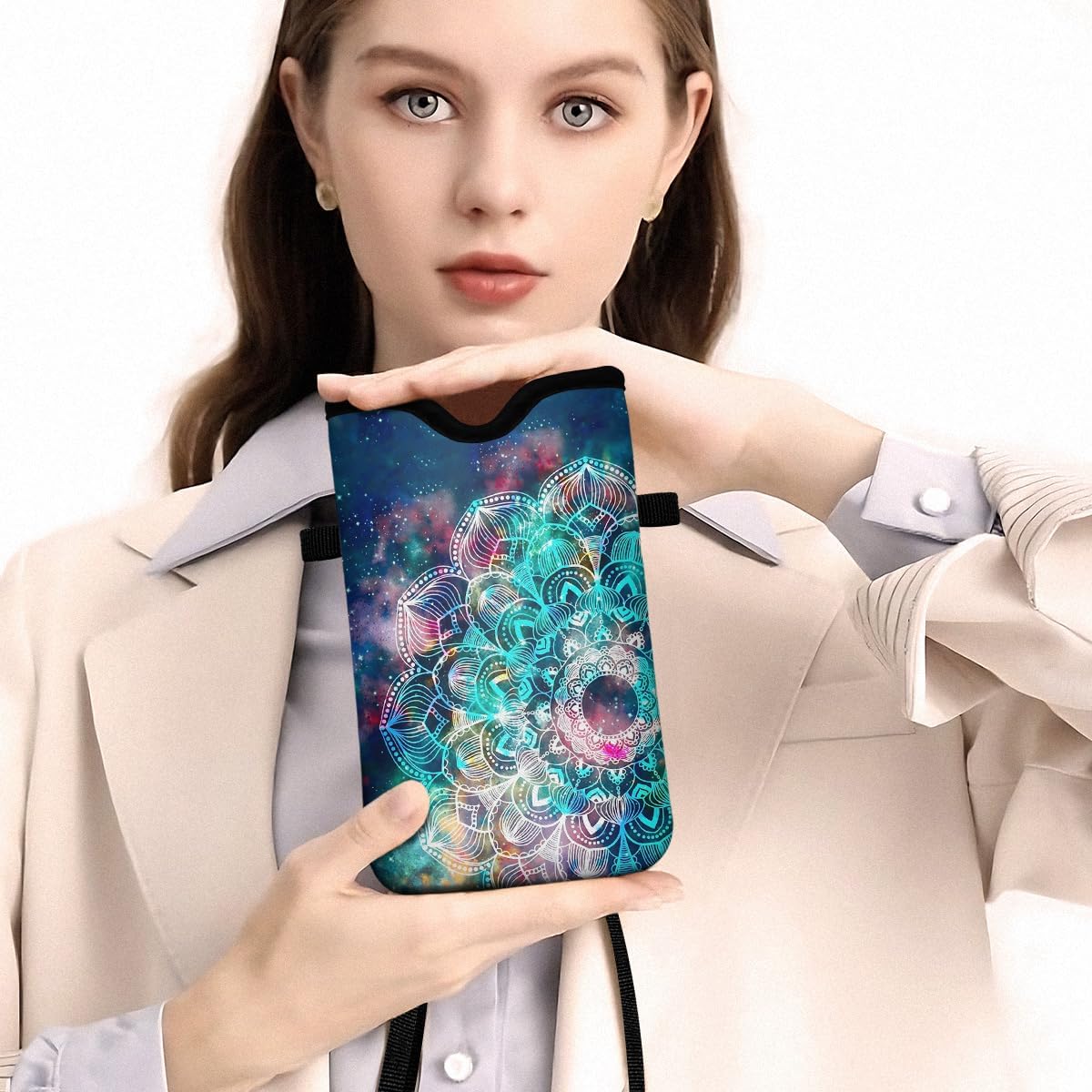 Universal Phone Sleeve Pouch with Crossbody Strap 7.6 X 4.3 Inches Shockproof Water Resistant Mobile Protection Bag-Black Cat Floral Neoprene Phone Pouch Bag