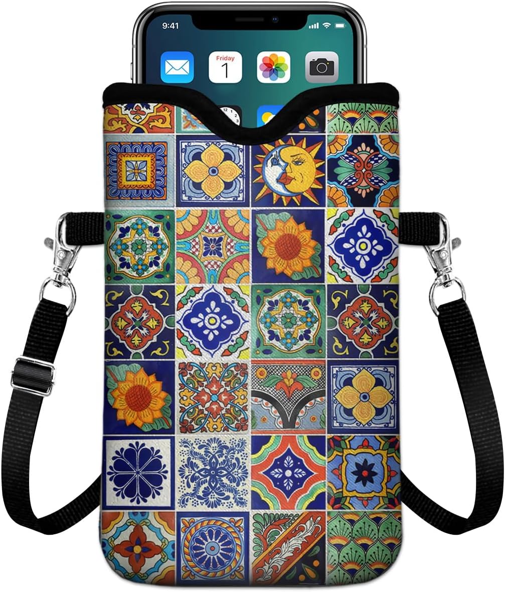 Universal Phone Sleeve Pouch with Crossbody Strap 7.6 X 4.3 Inches Shockproof Water Resistant Mobile Protection Bag-Black Cat Floral Neoprene Phone Pouch Bag