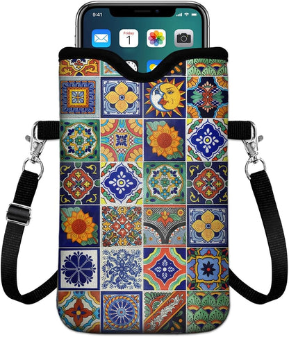 Universal Phone Sleeve Pouch with Crossbody Strap 7.6 X 4.3 Inches Shockproof Water Resistant Mobile Protection Bag-Black Cat Floral Neoprene Phone Pouch Bag