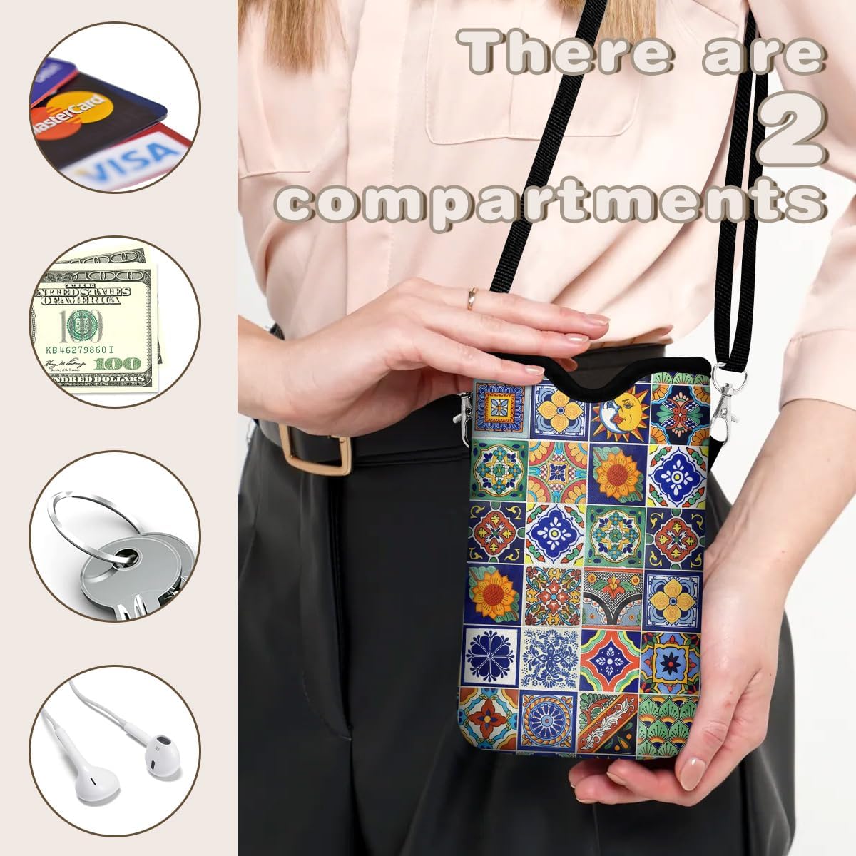 Universal Phone Sleeve Pouch with Crossbody Strap 7.6 X 4.3 Inches Shockproof Water Resistant Mobile Protection Bag-Black Cat Floral Neoprene Phone Pouch Bag