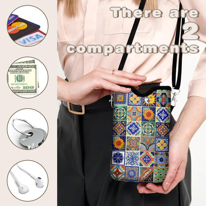 Universal Phone Sleeve Pouch with Crossbody Strap 7.6 X 4.3 Inches Shockproof Water Resistant Mobile Protection Bag-Black Cat Floral Neoprene Phone Pouch Bag