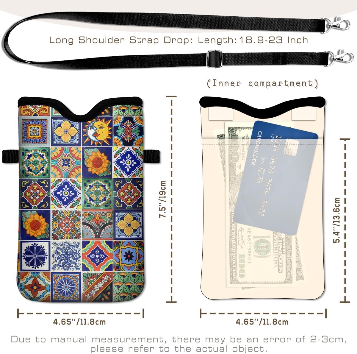 Universal Phone Sleeve Pouch with Crossbody Strap 7.6 X 4.3 Inches Shockproof Water Resistant Mobile Protection Bag-Black Cat Floral Neoprene Phone Pouch Bag