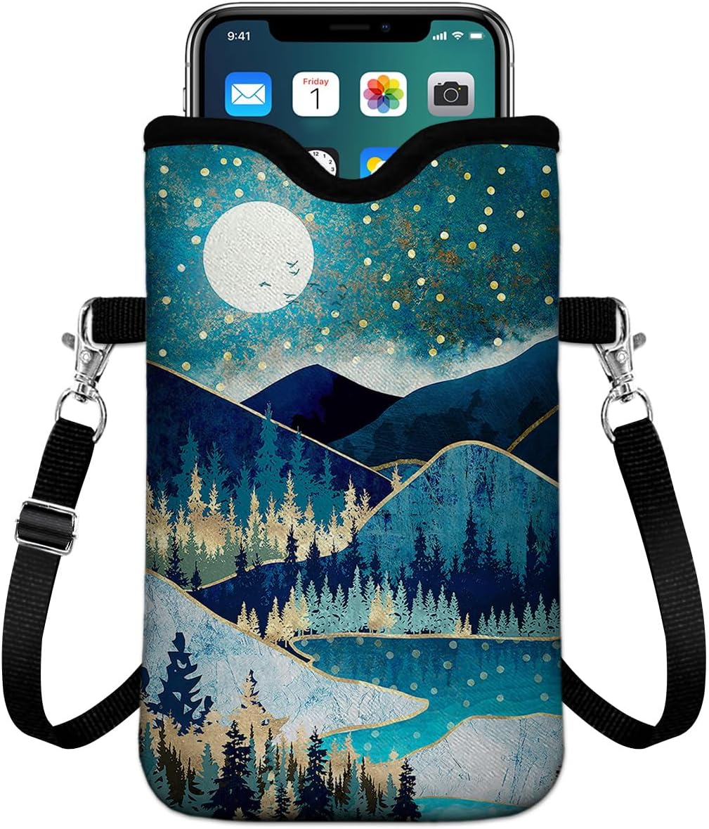 Universal Phone Sleeve Pouch with Crossbody Strap 7.6 X 4.3 Inches Shockproof Water Resistant Mobile Protection Bag-Black Cat Floral Neoprene Phone Pouch Bag