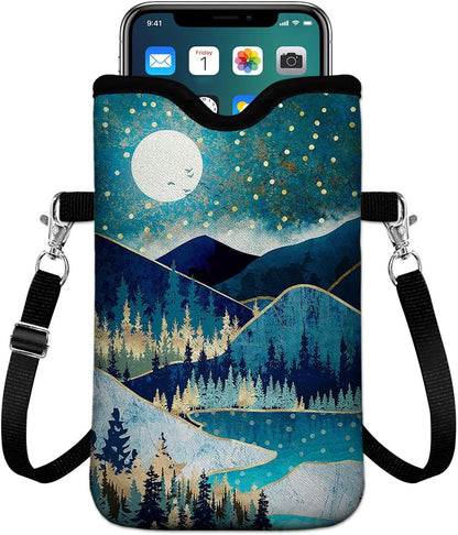 Universal Phone Sleeve Pouch with Crossbody Strap 7.6 X 4.3 Inches Shockproof Water Resistant Mobile Protection Bag-Black Cat Floral Neoprene Phone Pouch Bag