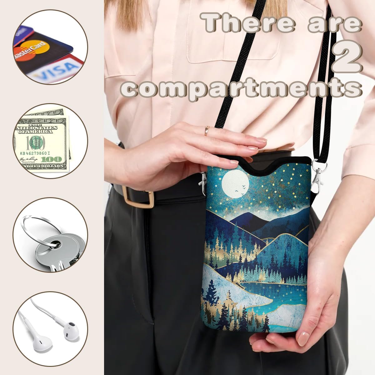 Universal Phone Sleeve Pouch with Crossbody Strap 7.6 X 4.3 Inches Shockproof Water Resistant Mobile Protection Bag-Black Cat Floral Neoprene Phone Pouch Bag