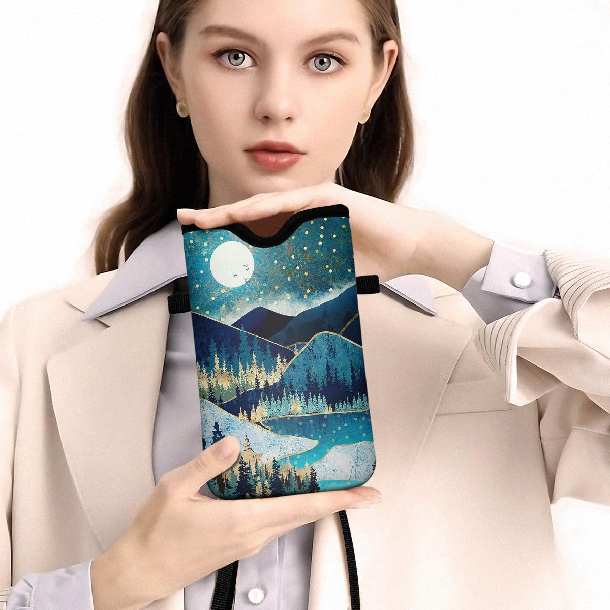 Universal Phone Sleeve Pouch with Crossbody Strap 7.6 X 4.3 Inches Shockproof Water Resistant Mobile Protection Bag-Black Cat Floral Neoprene Phone Pouch Bag