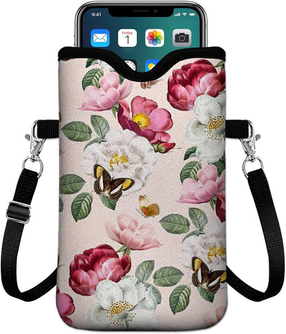 Universal Phone Sleeve Pouch with Crossbody Strap 7.6 X 4.3 Inches Shockproof Water Resistant Mobile Protection Bag-Black Cat Floral Neoprene Phone Pouch Bag