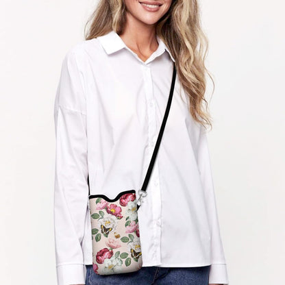 Universal Phone Sleeve Pouch with Crossbody Strap 7.6 X 4.3 Inches Shockproof Water Resistant Mobile Protection Bag-Black Cat Floral Neoprene Phone Pouch Bag