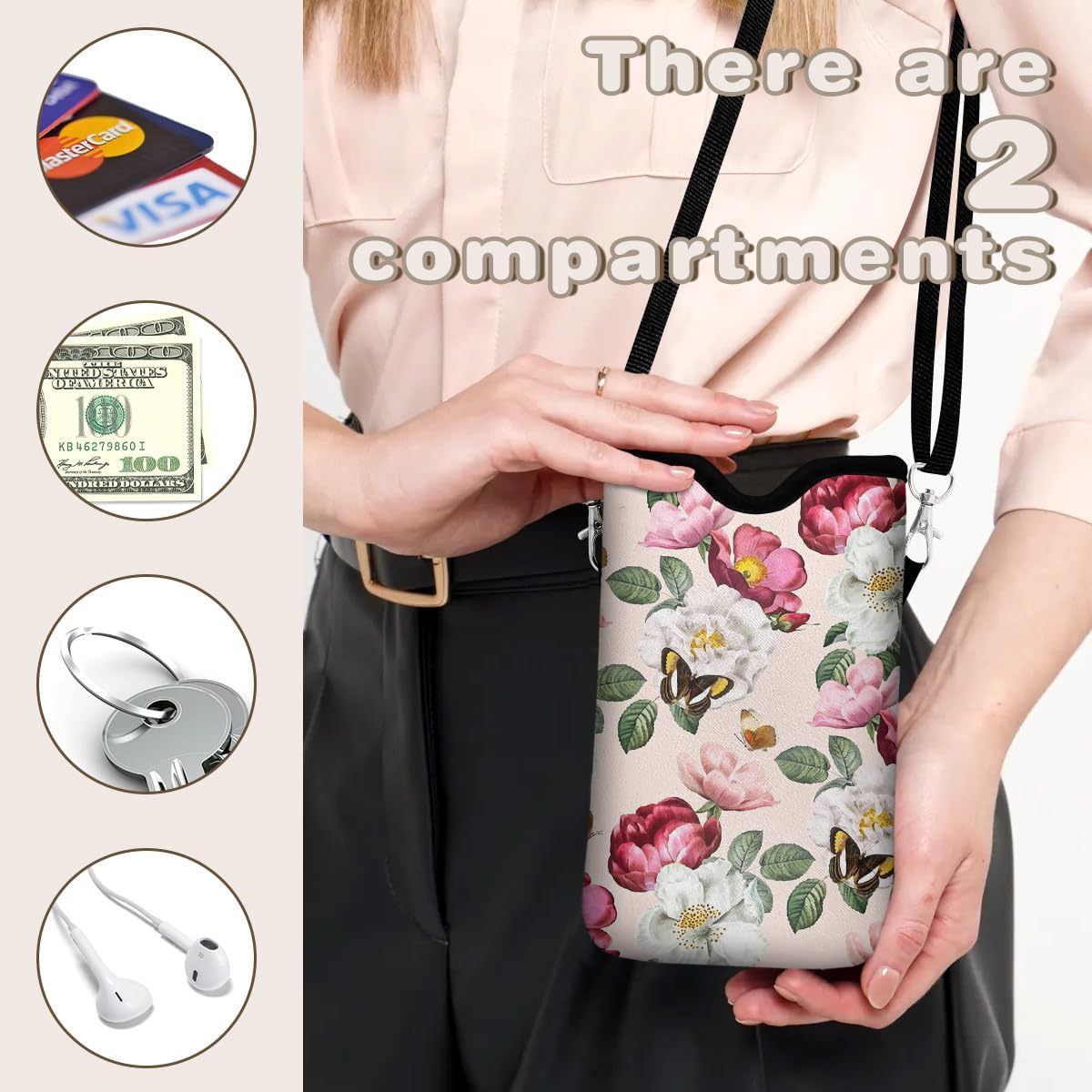Universal Phone Sleeve Pouch with Crossbody Strap 7.6 X 4.3 Inches Shockproof Water Resistant Mobile Protection Bag-Black Cat Floral Neoprene Phone Pouch Bag