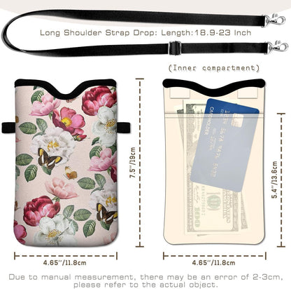 Universal Phone Sleeve Pouch with Crossbody Strap 7.6 X 4.3 Inches Shockproof Water Resistant Mobile Protection Bag-Black Cat Floral Neoprene Phone Pouch Bag