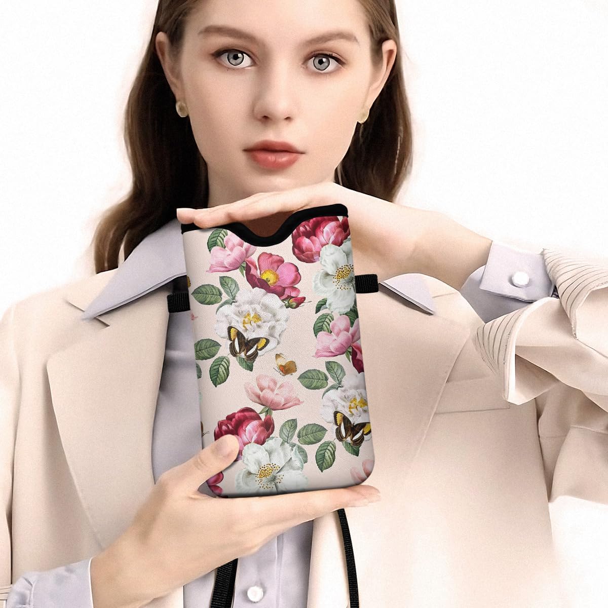 Universal Phone Sleeve Pouch with Crossbody Strap 7.6 X 4.3 Inches Shockproof Water Resistant Mobile Protection Bag-Black Cat Floral Neoprene Phone Pouch Bag