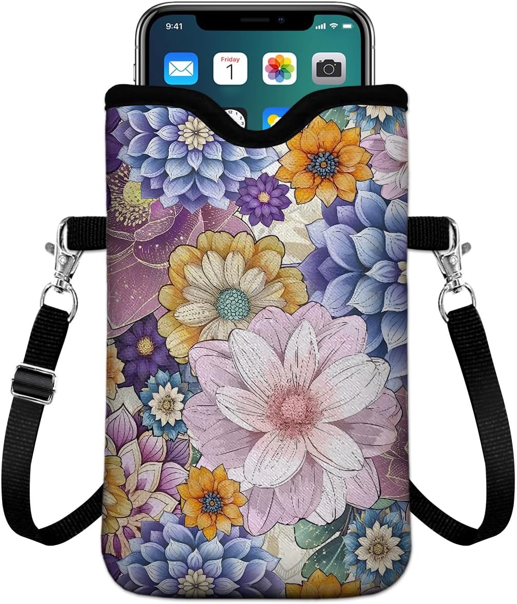 Universal Phone Sleeve Pouch with Crossbody Strap 7.6 X 4.3 Inches Shockproof Water Resistant Mobile Protection Bag-Black Cat Floral Neoprene Phone Pouch Bag