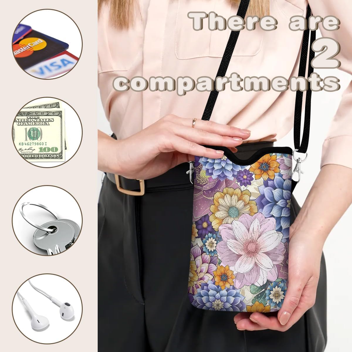 Universal Phone Sleeve Pouch with Crossbody Strap 7.6 X 4.3 Inches Shockproof Water Resistant Mobile Protection Bag-Black Cat Floral Neoprene Phone Pouch Bag