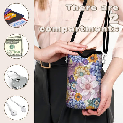 Universal Phone Sleeve Pouch with Crossbody Strap 7.6 X 4.3 Inches Shockproof Water Resistant Mobile Protection Bag-Black Cat Floral Neoprene Phone Pouch Bag