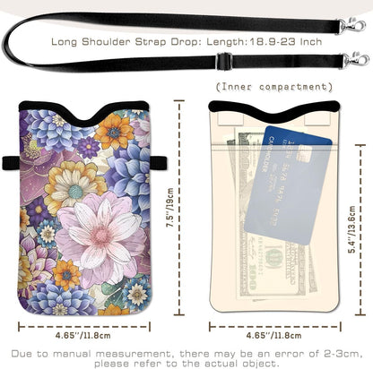 Universal Phone Sleeve Pouch with Crossbody Strap 7.6 X 4.3 Inches Shockproof Water Resistant Mobile Protection Bag-Black Cat Floral Neoprene Phone Pouch Bag
