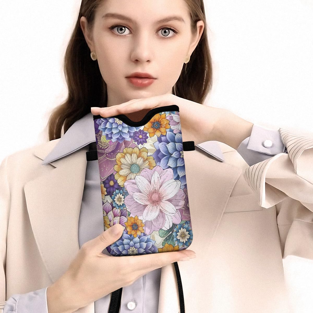 Universal Phone Sleeve Pouch with Crossbody Strap 7.6 X 4.3 Inches Shockproof Water Resistant Mobile Protection Bag-Black Cat Floral Neoprene Phone Pouch Bag