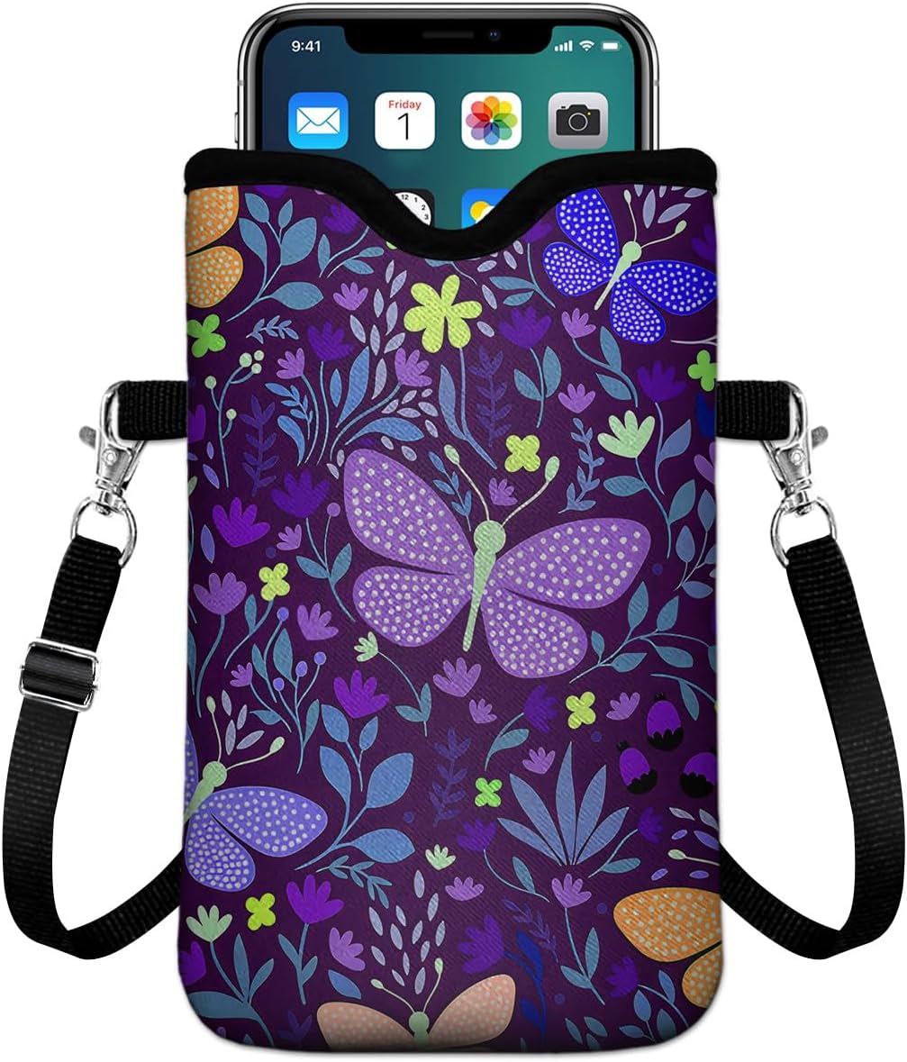 Universal Phone Sleeve Pouch with Crossbody Strap 7.6 X 4.3 Inches Shockproof Water Resistant Mobile Protection Bag-Black Cat Floral Neoprene Phone Pouch Bag