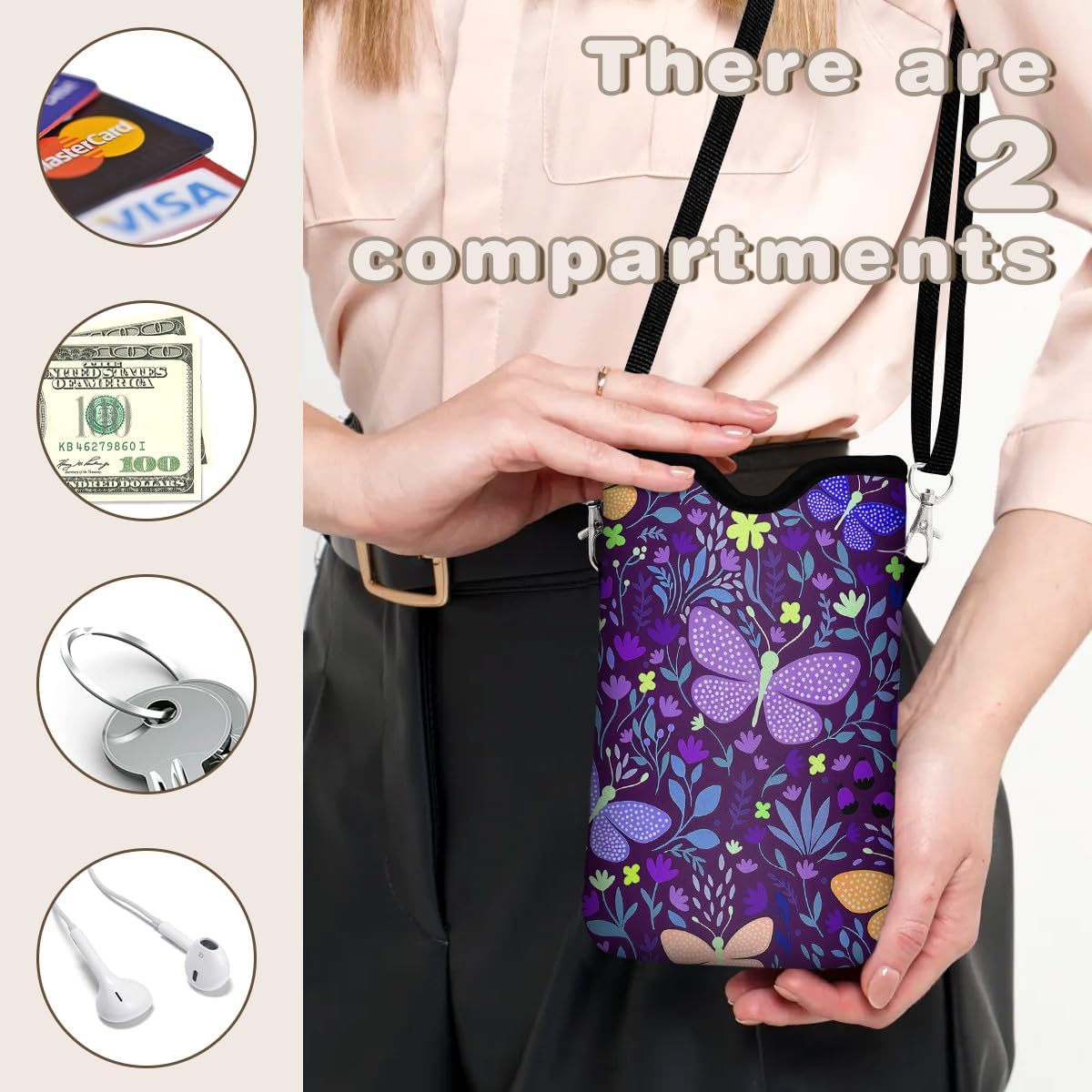 Universal Phone Sleeve Pouch with Crossbody Strap 7.6 X 4.3 Inches Shockproof Water Resistant Mobile Protection Bag-Black Cat Floral Neoprene Phone Pouch Bag