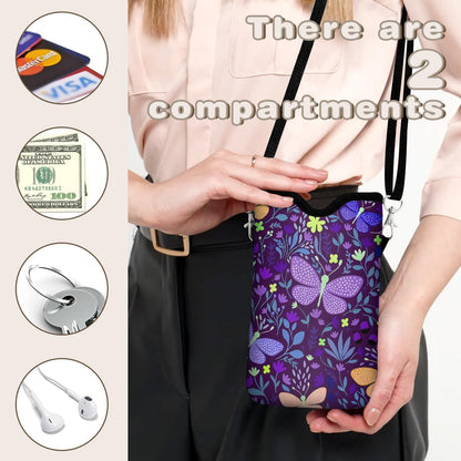 Universal Phone Sleeve Pouch with Crossbody Strap 7.6 X 4.3 Inches Shockproof Water Resistant Mobile Protection Bag-Black Cat Floral Neoprene Phone Pouch Bag