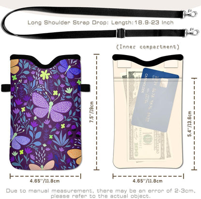 Universal Phone Sleeve Pouch with Crossbody Strap 7.6 X 4.3 Inches Shockproof Water Resistant Mobile Protection Bag-Black Cat Floral Neoprene Phone Pouch Bag
