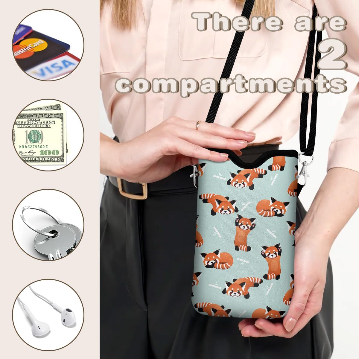 Universal Phone Sleeve Pouch with Crossbody Strap 7.6 X 4.3 Inches Shockproof Water Resistant Mobile Protection Bag-Black Cat Floral Neoprene Phone Pouch Bag