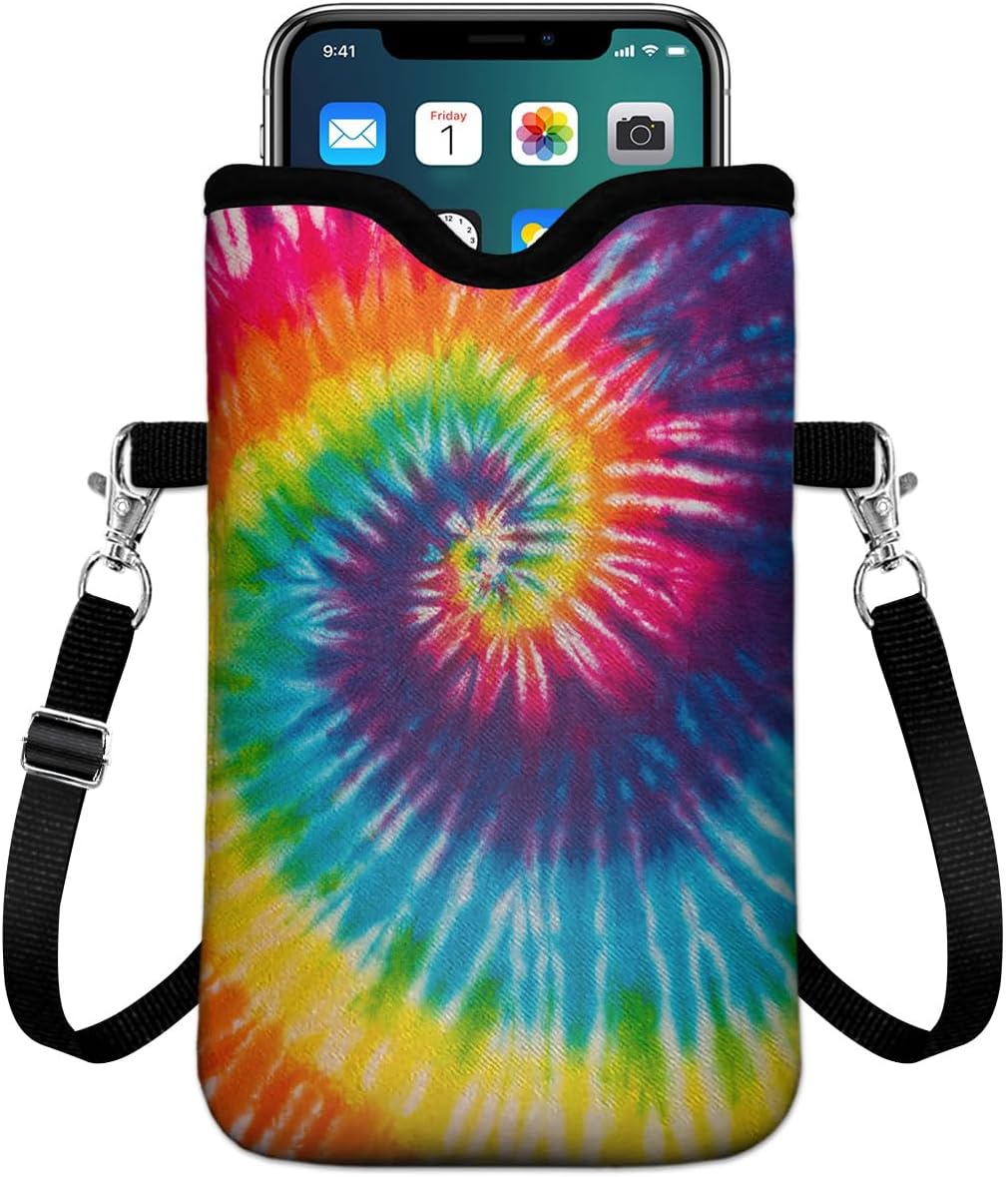 Universal Phone Sleeve Pouch with Crossbody Strap 7.6 X 4.3 Inches Shockproof Water Resistant Mobile Protection Bag-Black Cat Floral Neoprene Phone Pouch Bag