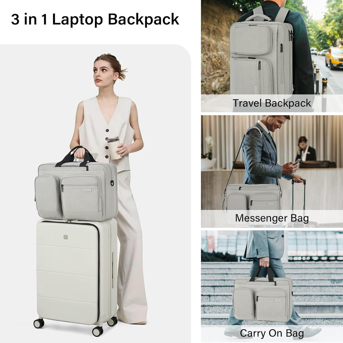 Convertible Laptop Bag, 3 In 1 Briefcase Backpack for 17.3 Inch Laptop, Computer Work Bag for Men Women, Water Resistant Business Messenger Shoulder Bag for Office Commute Travel, Grey