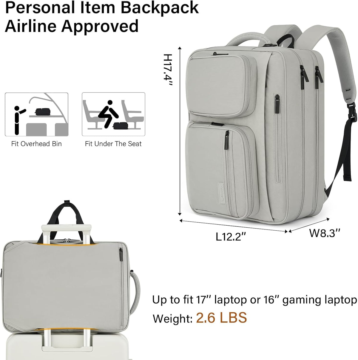 Convertible Laptop Bag, 3 In 1 Briefcase Backpack for 17.3 Inch Laptop, Computer Work Bag for Men Women, Water Resistant Business Messenger Shoulder Bag for Office Commute Travel, Grey