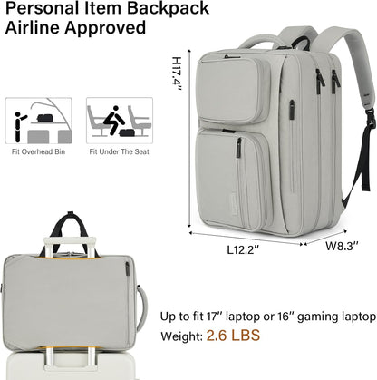 Convertible Laptop Bag, 3 In 1 Briefcase Backpack for 17.3 Inch Laptop, Computer Work Bag for Men Women, Water Resistant Business Messenger Shoulder Bag for Office Commute Travel, Grey
