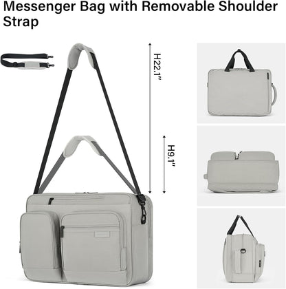Convertible Laptop Bag, 3 In 1 Briefcase Backpack for 17.3 Inch Laptop, Computer Work Bag for Men Women, Water Resistant Business Messenger Shoulder Bag for Office Commute Travel, Grey