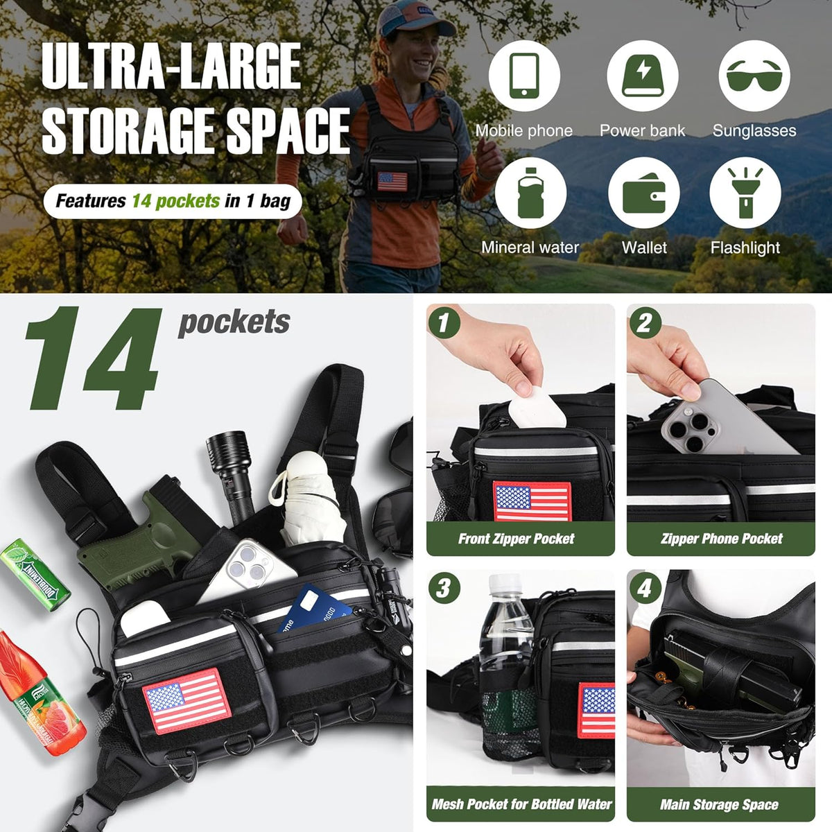 Chest Bag For Men and Women, Chest Rig Tactical Vest for Sport, Running Phone Holder, EDC Travel Chest Pack for Hiking, Running, Motorcycling,Workouts