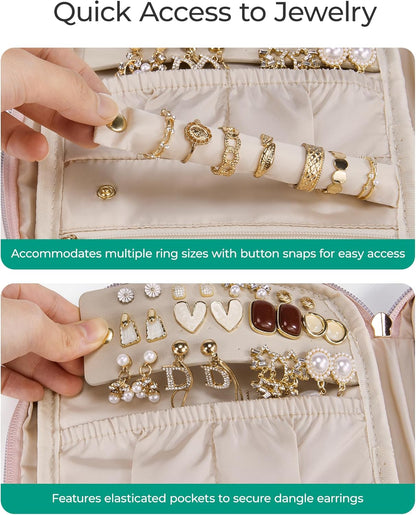 Travel Jewelry Case Jewelry Organizers and Storage Earings Holder Organizer for Women Necklace Holder Jewelry Rolls for Necklaces, Earrings, Bracelets-Beige