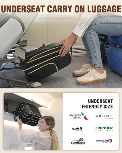 Underseat Carry On Luggage with 2 Wheels, Airline Approved Personal Item Suitcase with Multiple Compartments, Lightweight Softside Under Seat Carry-on Suitcases for Women Travel Business, Black