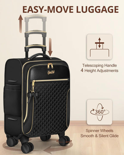 Underseat Carry On Luggage with 2 Wheels, Airline Approved Personal Item Suitcase with Multiple Compartments, Lightweight Softside Under Seat Carry-on Suitcases for Women Travel Business, Black