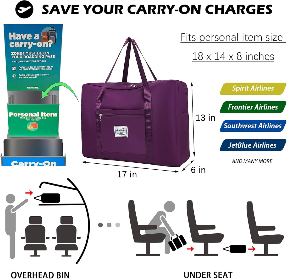 Travel Duffel Bag, for Spirit Airlines Personal Item Bag 18x14x8 Frontier Airlines Carry on Luggage Bag, Weekender Bag for Women and Men (A-Violet Red)