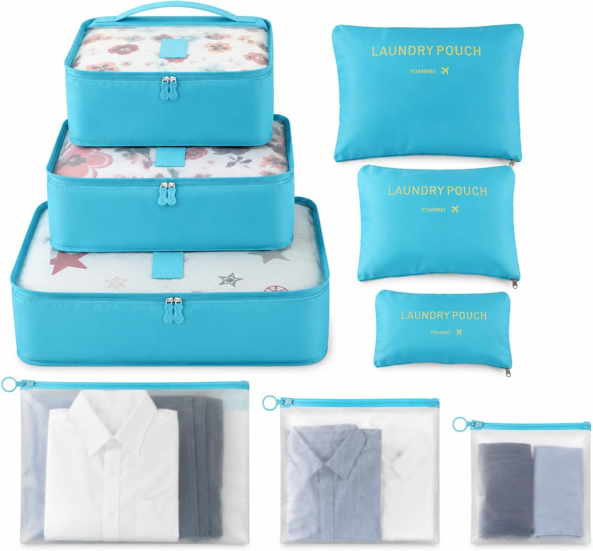 Travel Packing Cubes Set, Luggage Organizers with Mesh Panels, Water-Resistant, 9 Piece, Blue