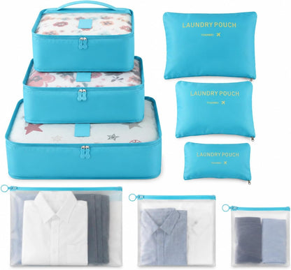 Travel Packing Cubes Set, Luggage Organizers with Mesh Panels, Water-Resistant, 9 Piece, Blue