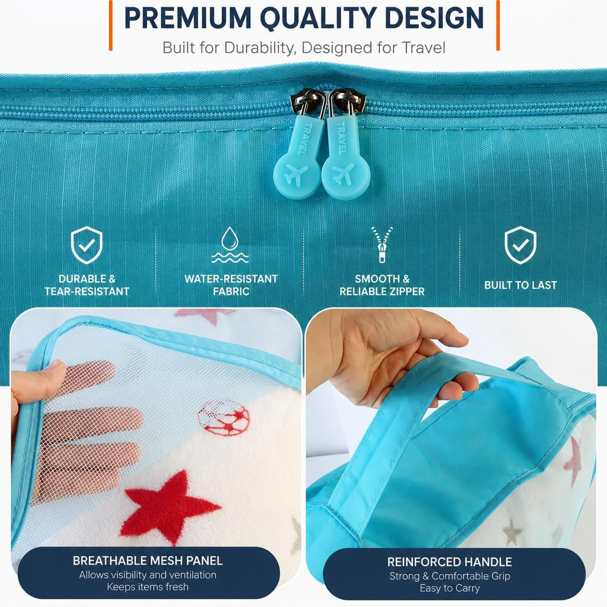 Travel Packing Cubes Set, Luggage Organizers with Mesh Panels, Water-Resistant, 9 Piece, Blue