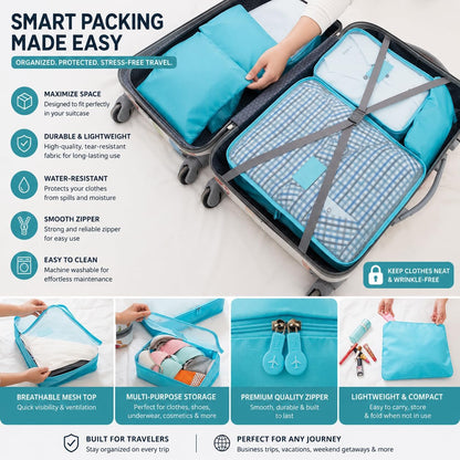 Travel Packing Cubes Set, Luggage Organizers with Mesh Panels, Water-Resistant, 9 Piece, Blue
