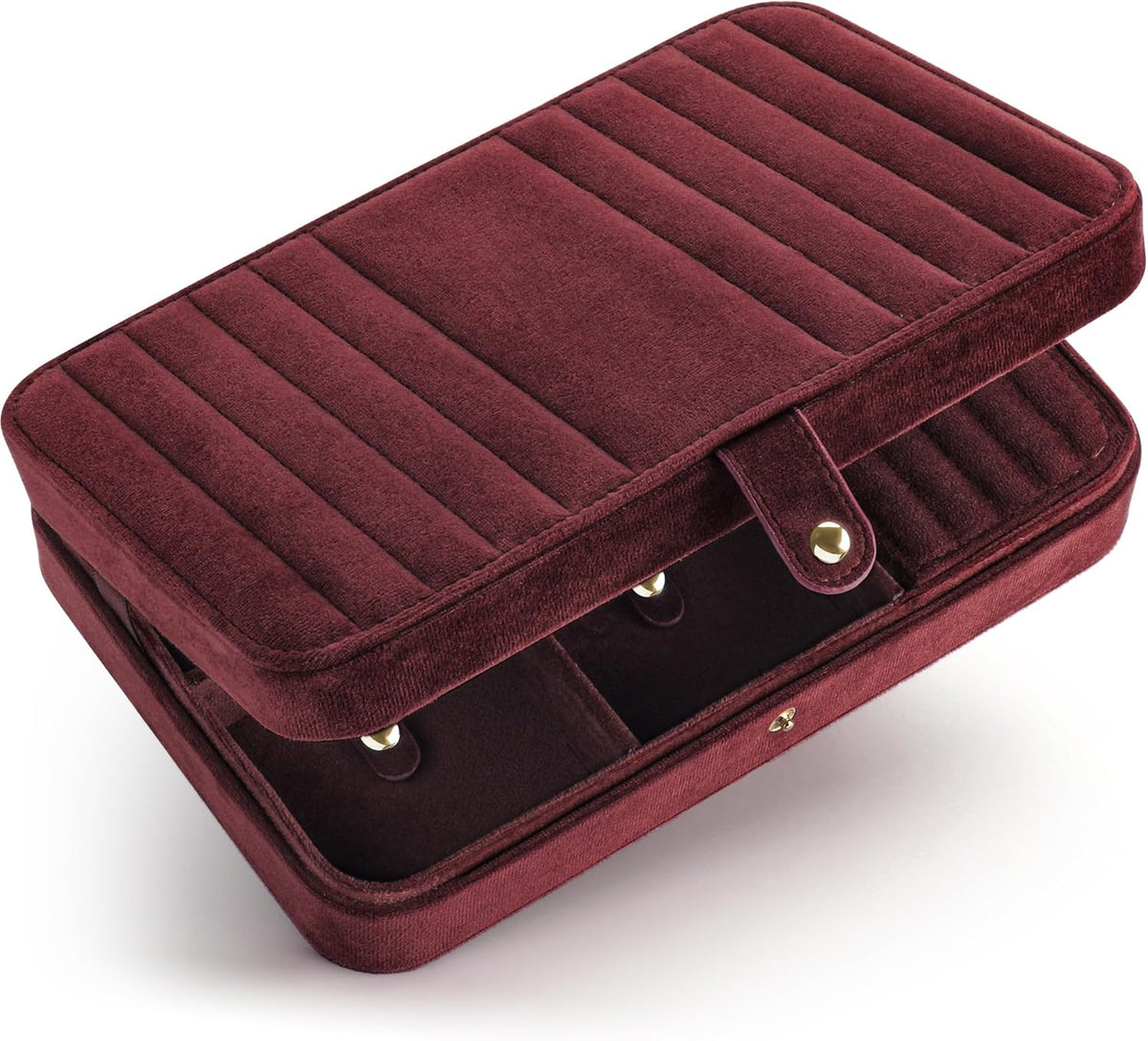VELORIA Velvet Travel Jewelry Organizer with 8 Snap Clasps, Elastic Pouch, Ring Rolls & Hidden Compartment, Compact Jewelry Case for Necklaces, Earrings, Bracelets and Bangles, Dark Red