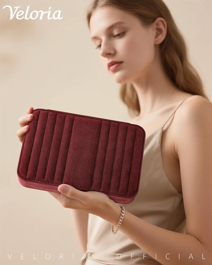 VELORIA Velvet Travel Jewelry Organizer with 8 Snap Clasps, Elastic Pouch, Ring Rolls & Hidden Compartment, Compact Jewelry Case for Necklaces, Earrings, Bracelets and Bangles, Dark Red