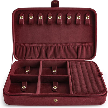 VELORIA Velvet Travel Jewelry Organizer with 8 Snap Clasps, Elastic Pouch, Ring Rolls & Hidden Compartment, Compact Jewelry Case for Necklaces, Earrings, Bracelets and Bangles, Dark Red