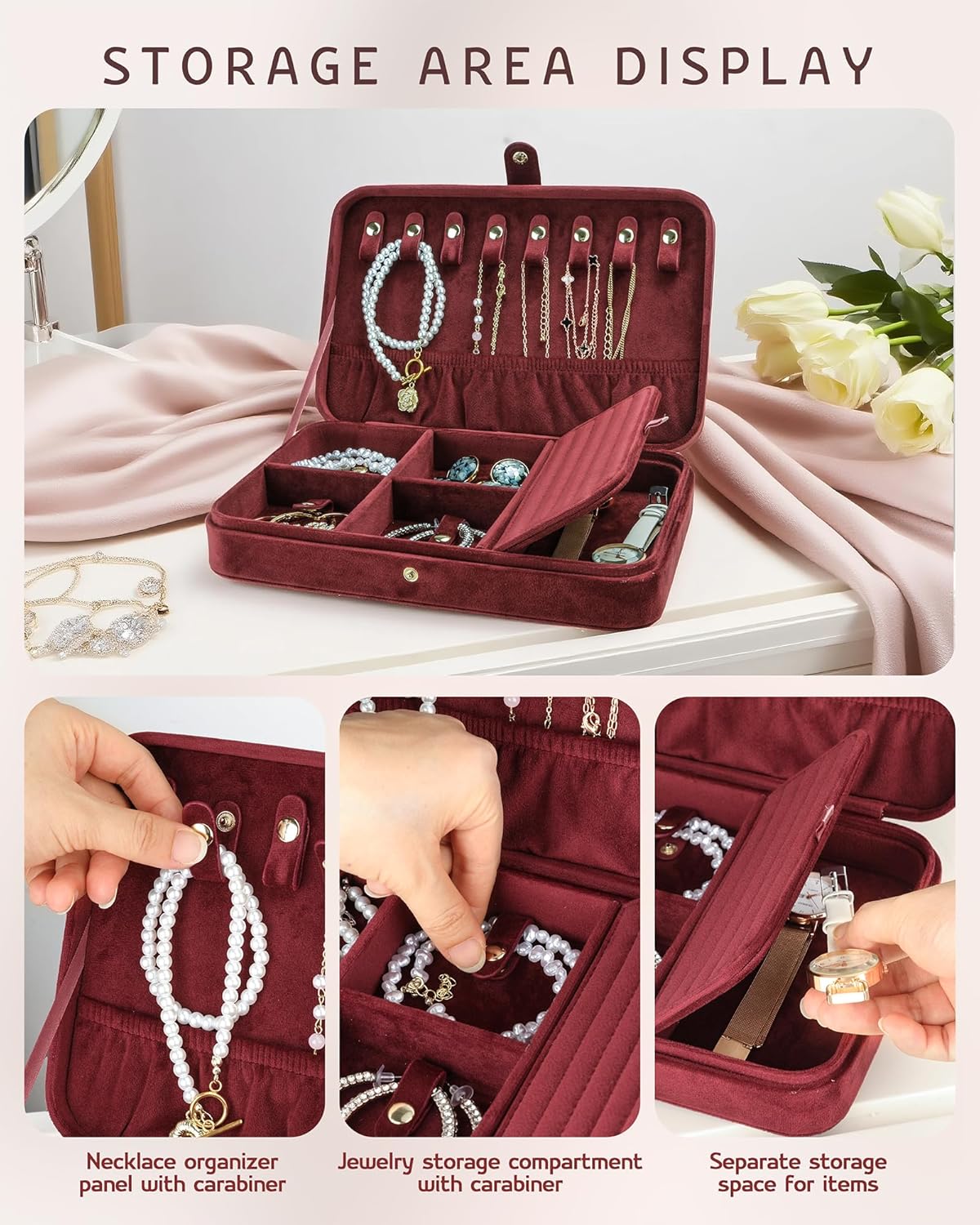 VELORIA Velvet Travel Jewelry Organizer with 8 Snap Clasps, Elastic Pouch, Ring Rolls & Hidden Compartment, Compact Jewelry Case for Necklaces, Earrings, Bracelets and Bangles, Dark Red