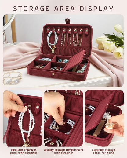 VELORIA Velvet Travel Jewelry Organizer with 8 Snap Clasps, Elastic Pouch, Ring Rolls & Hidden Compartment, Compact Jewelry Case for Necklaces, Earrings, Bracelets and Bangles, Dark Red