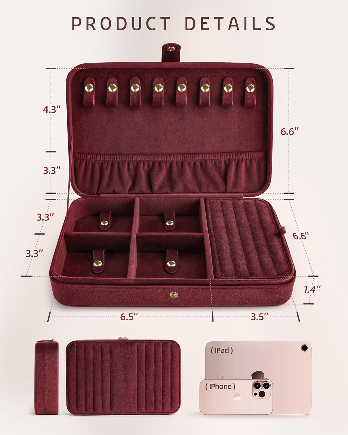 VELORIA Velvet Travel Jewelry Organizer with 8 Snap Clasps, Elastic Pouch, Ring Rolls & Hidden Compartment, Compact Jewelry Case for Necklaces, Earrings, Bracelets and Bangles, Dark Red