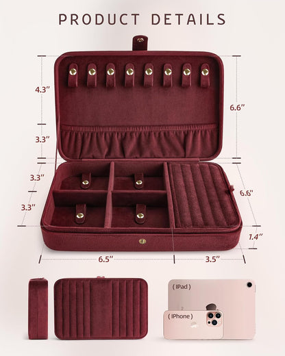 VELORIA Velvet Travel Jewelry Organizer with 8 Snap Clasps, Elastic Pouch, Ring Rolls & Hidden Compartment, Compact Jewelry Case for Necklaces, Earrings, Bracelets and Bangles, Dark Red