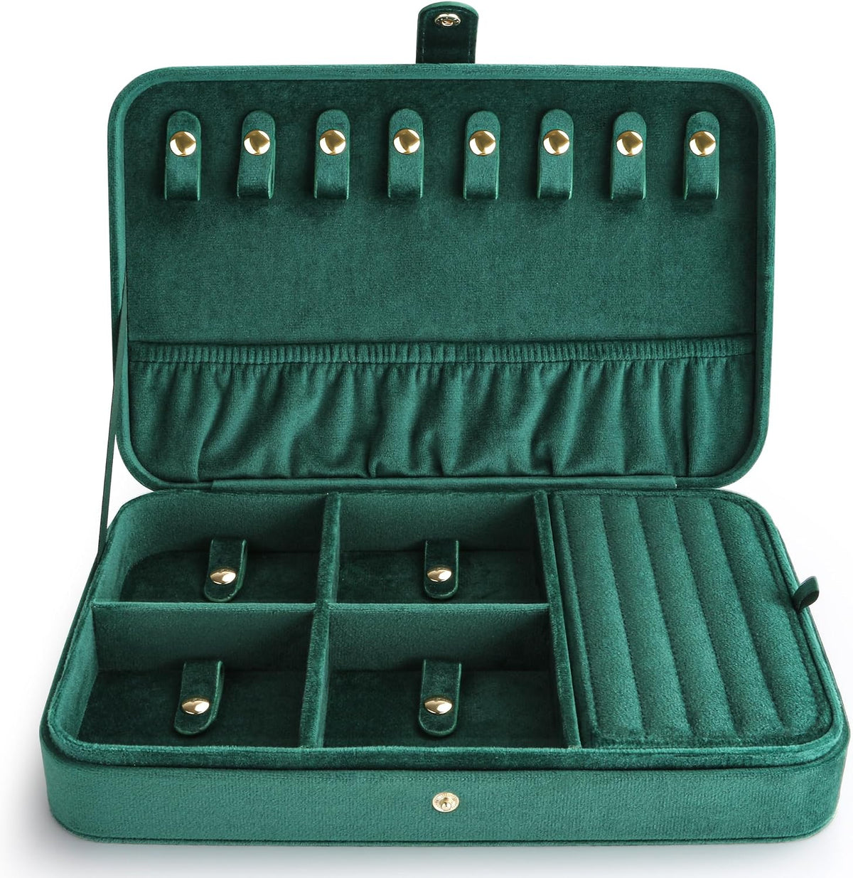 VELORIA Velvet Travel Jewelry Organizer with 8 Snap Clasps, Elastic Pouch, Ring Rolls & Hidden Compartment, Compact Jewelry Case for Necklaces, Earrings, Bracelets and Bangles, Dark Red